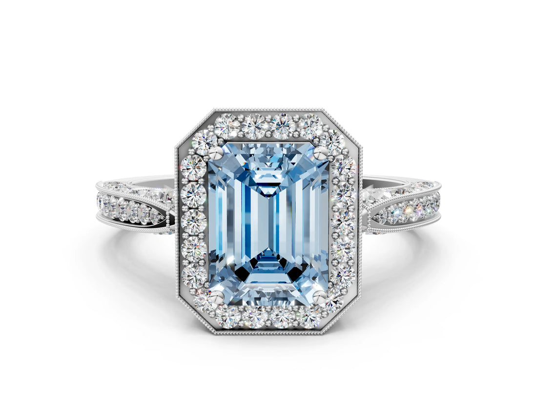 White gold Fancy Blue Emerald Cut Halo Diamond Engagement Ring with Split Shank Band and Four-Prong Setting_12