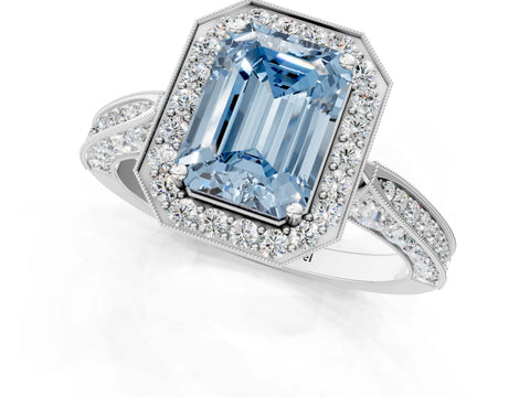White gold Fancy Blue Emerald Cut Halo Diamond Engagement Ring with Split Shank Band and Four-Prong Setting_13