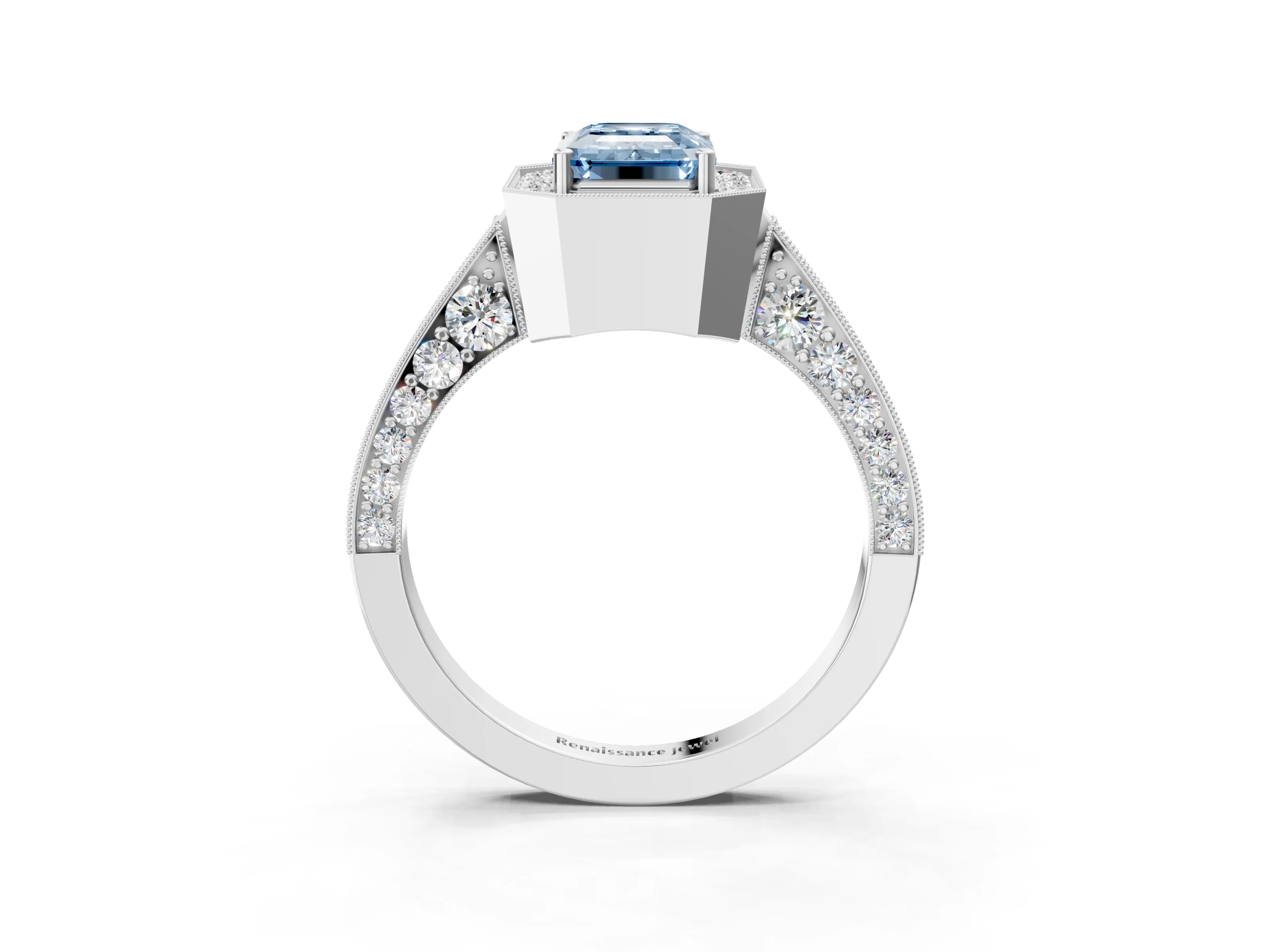 White gold Fancy Blue Emerald Cut Halo Diamond Engagement Ring with Split Shank Band and Four-Prong Setting_15