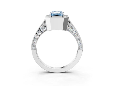 White gold Fancy Blue Emerald Cut Halo Diamond Engagement Ring with Split Shank Band and Four-Prong Setting_15