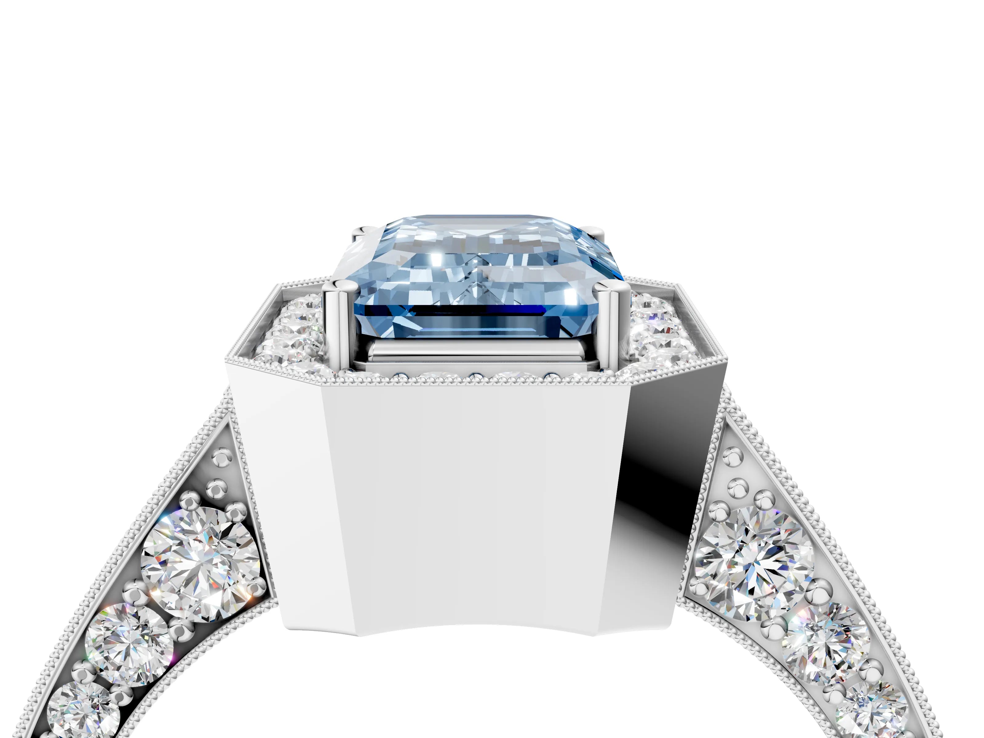 White gold Fancy Blue Emerald Cut Halo Diamond Engagement Ring with Split Shank Band and Four-Prong Setting_16