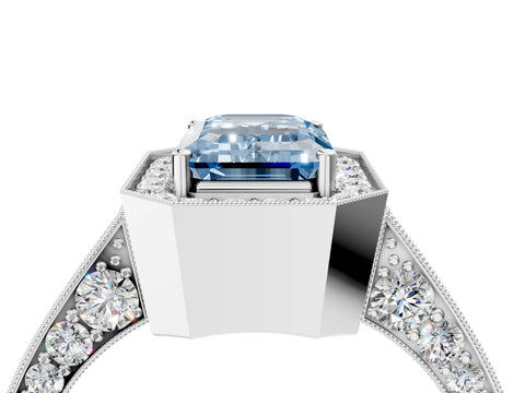 White gold Fancy Blue Emerald Cut Halo Diamond Engagement Ring with Split Shank Band and Four-Prong Setting_16