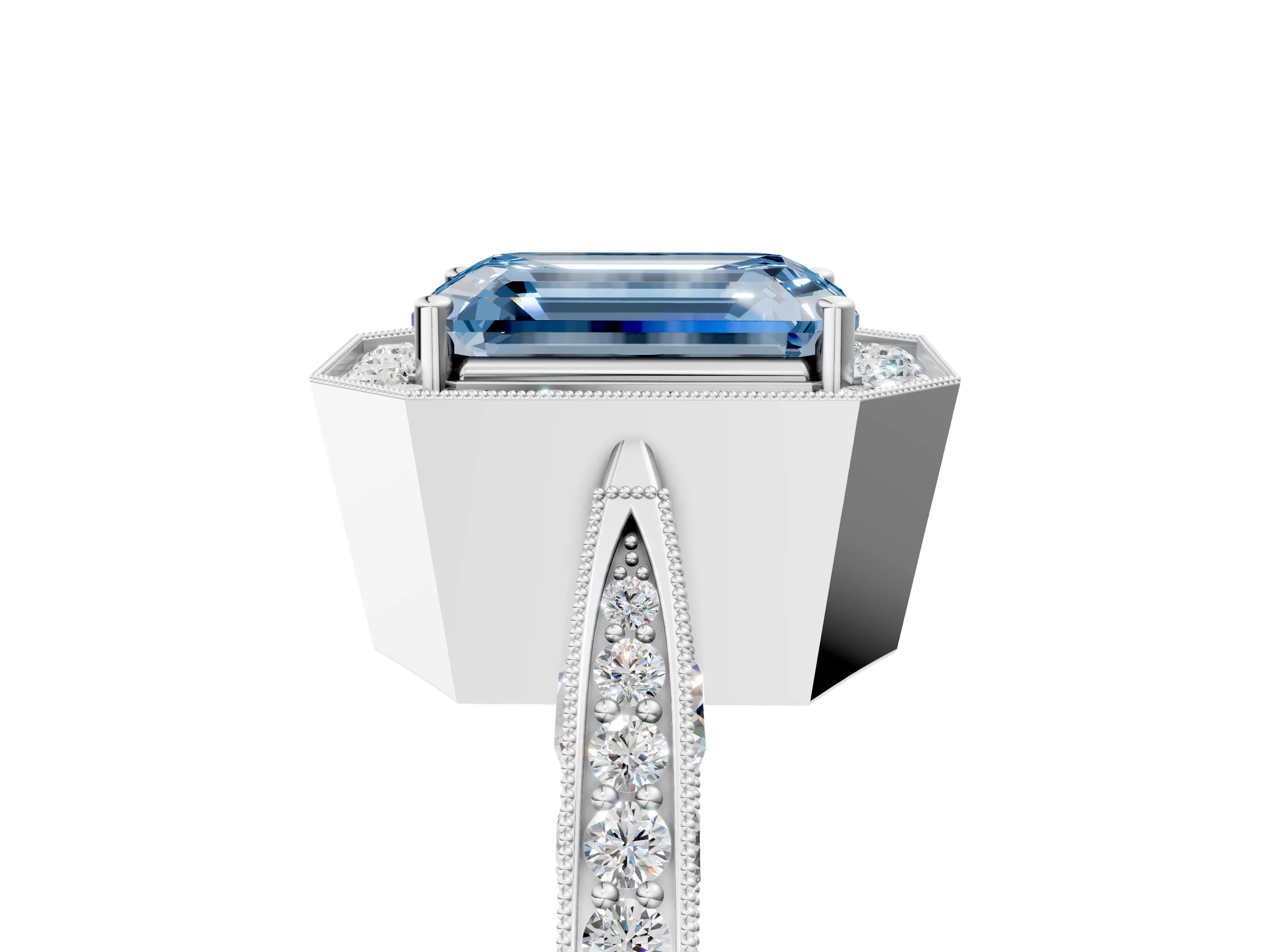 White gold Fancy Blue Emerald Cut Halo Diamond Engagement Ring with Split Shank Band and Four-Prong Setting_17