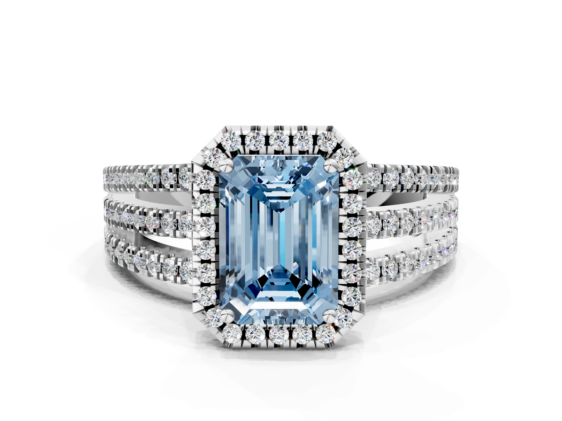White gold Fancy Blue Emerald  Cut Halo Diamond Engagement Ring with Split Shank and Four-Prong Setting_20