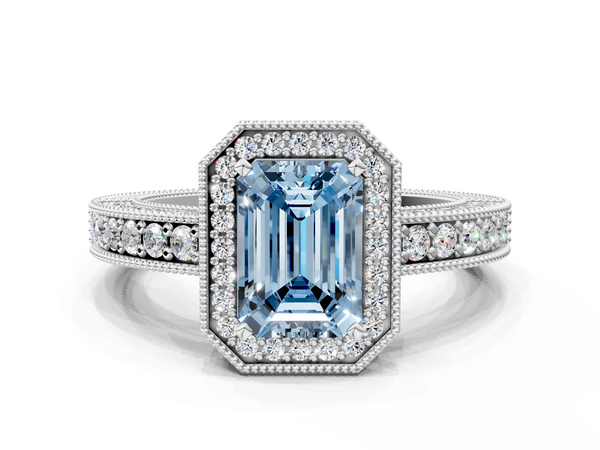 White gold Fancy Blue Emerald  Cut Halo Diamond Pave Band Ring with Four-Prong Setting