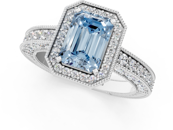 White gold Fancy Blue Emerald  Cut Halo Diamond Pave Band Ring with Four-Prong Setting