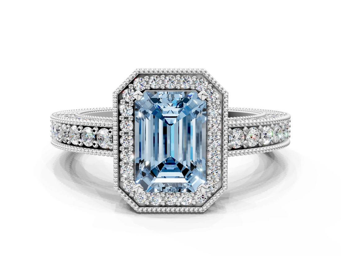 White gold Fancy Blue Emerald  Cut Halo Diamond Pave Band Ring with Four-Prong Setting_85