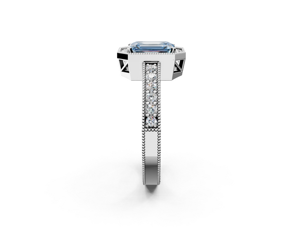 White gold Fancy Blue Emerald  Cut Halo Diamond Pave Band Ring with Four-Prong Setting