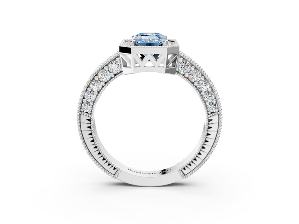 White gold Fancy Blue Emerald  Cut Halo Diamond Pave Band Ring with Four-Prong Setting