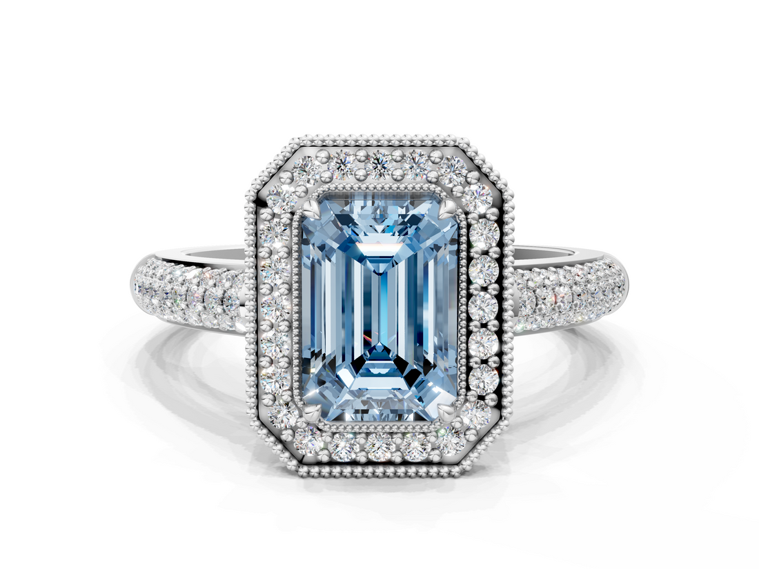White gold Fancy Blue Emerald  Cut Halo Diamond Pave Band with Four-Prong Setting_37