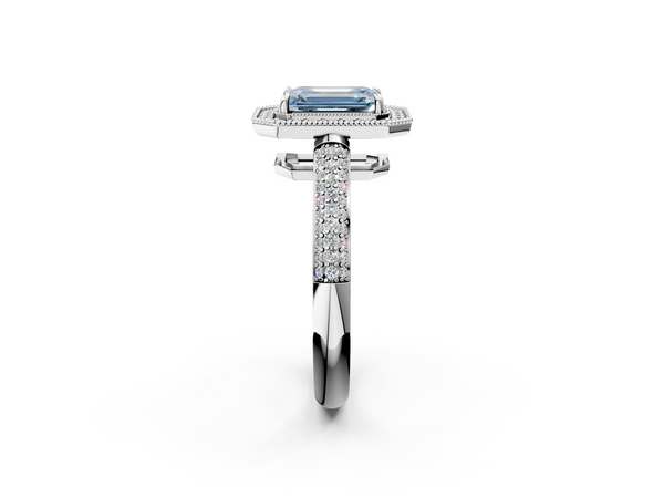 Platinum Fancy Blue Emerald  Cut Halo Diamond Pave Band with Four-Prong Setting