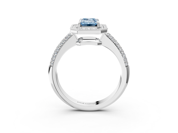 Platinum Fancy Blue Emerald  Cut Halo Diamond Pave Band with Four-Prong Setting