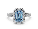 White gold Fancy Blue Emerald Cut Halo Diamond Pave Band with Prong Setting