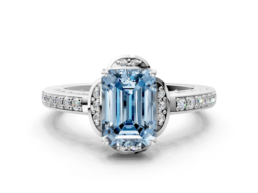 White gold Fancy Blue Emerald  Cut Halo Diamond Ring with Channel Set Band and Four-Prong Setting_32