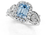 White gold Fancy Blue Emerald Cut Halo Diamond Ring with Milgrain and Bezel Accents on a Split Shank Band_13