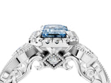 White gold Fancy Blue Emerald Cut Halo Diamond Ring with Milgrain and Bezel Accents on a Split Shank Band_16