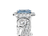 White gold Fancy Blue Emerald Cut Halo Diamond Ring with Milgrain and Bezel Accents on a Split Shank Band_17