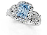 White gold Fancy Blue Emerald Cut Halo Diamond Ring with Milgrain and Bezel Accents on a Split Shank Band_25