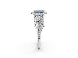 White gold Fancy Blue Emerald Cut Halo Diamond Ring with Milgrain and Bezel Accents on a Split Shank Band_26