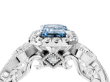 White gold Fancy Blue Emerald Cut Halo Diamond Ring with Milgrain and Bezel Accents on a Split Shank Band_28