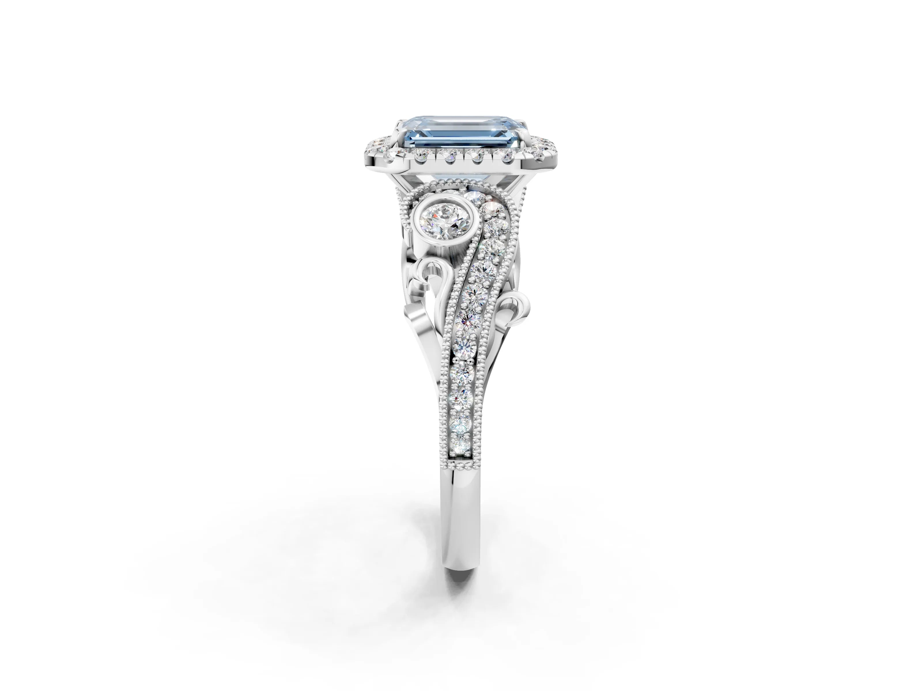 White gold Fancy Blue Emerald Cut Halo Diamond Ring with Milgrain and Bezel Accents on a Split Shank Band_2