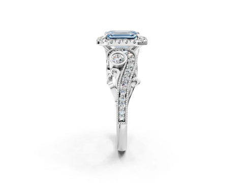 White gold Fancy Blue Emerald Cut Halo Diamond Ring with Milgrain and Bezel Accents on a Split Shank Band_2