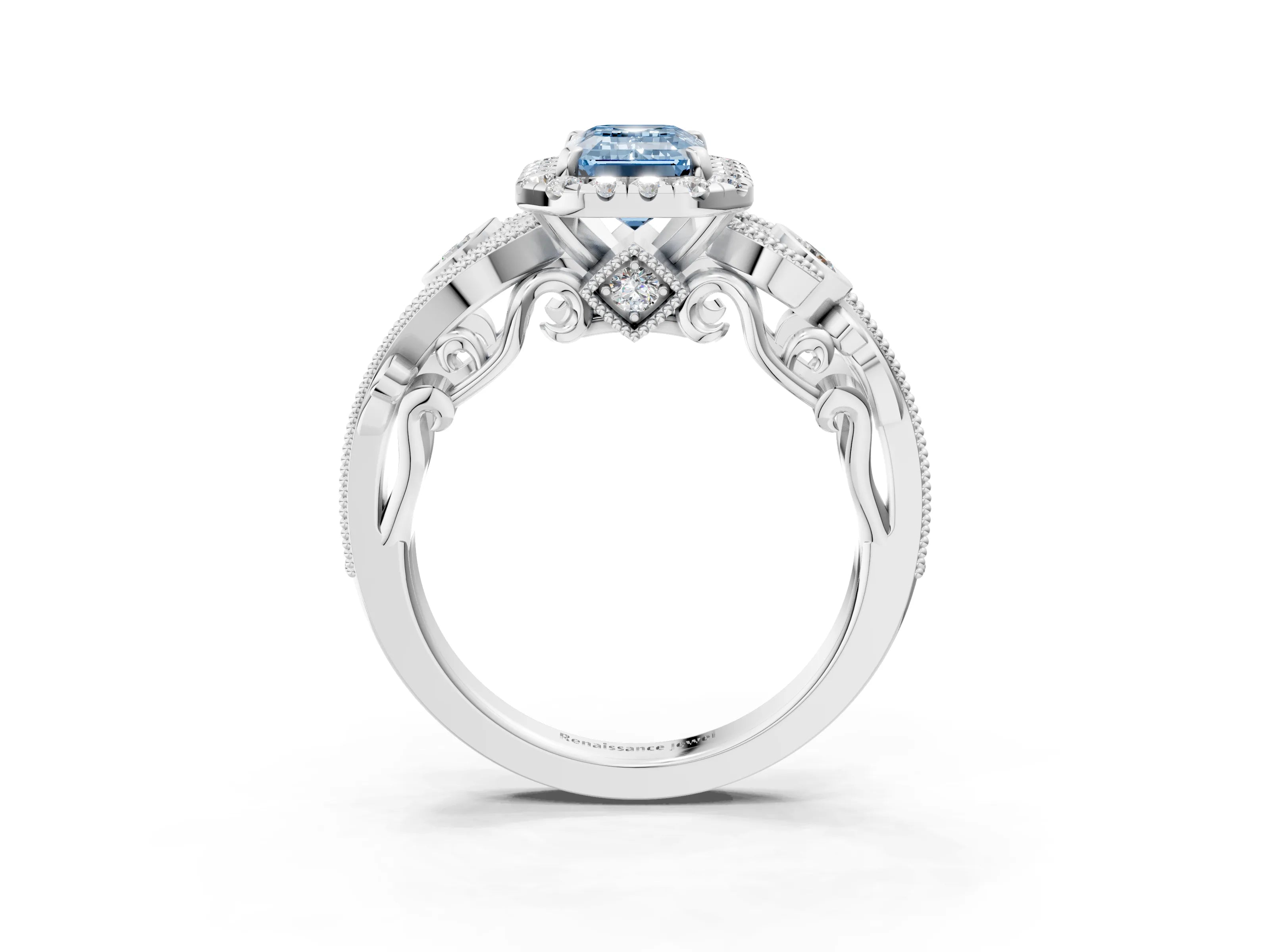 White gold Fancy Blue Emerald Cut Halo Diamond Ring with Milgrain and Bezel Accents on a Split Shank Band_3