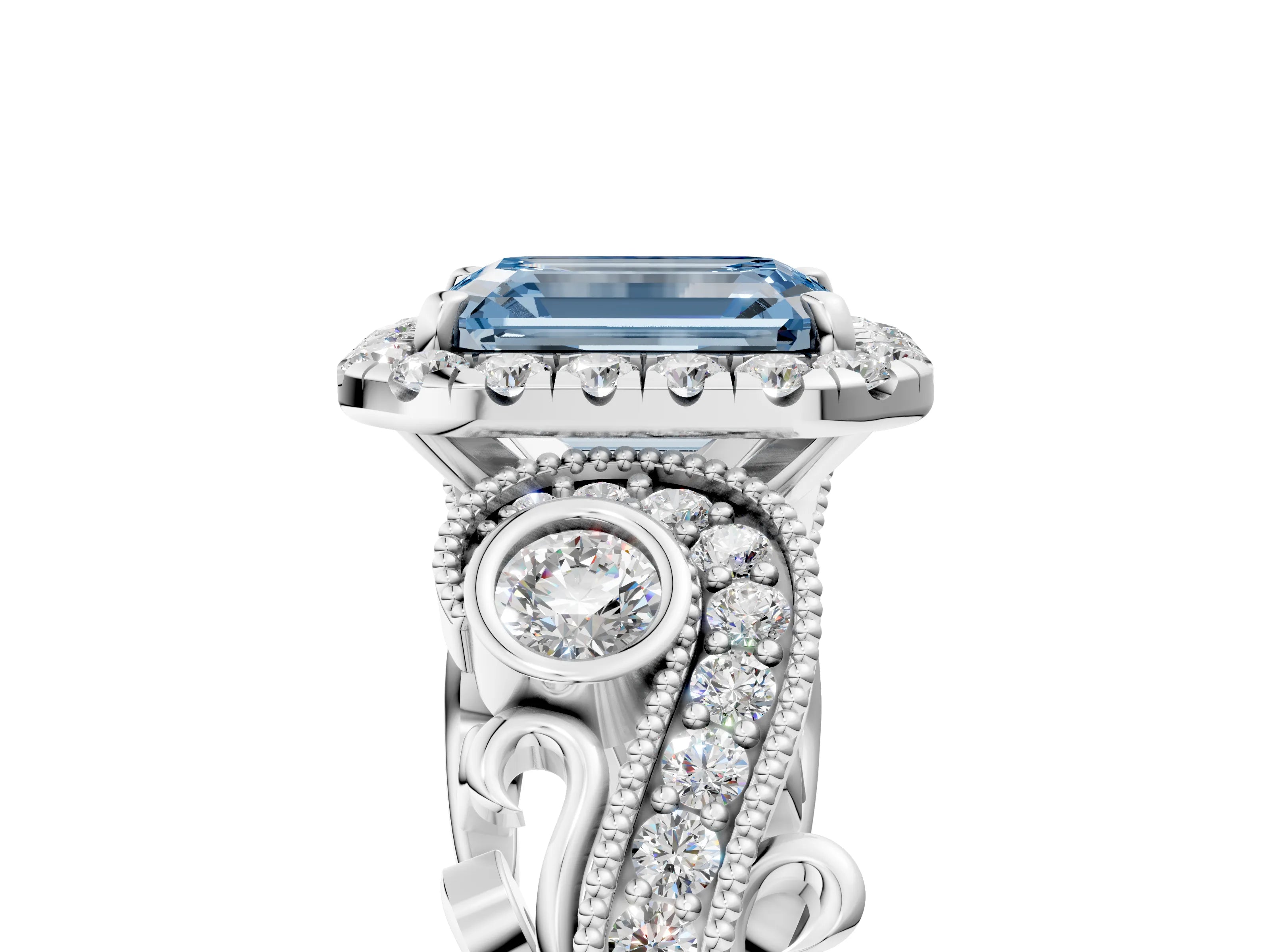White gold Fancy Blue Emerald Cut Halo Diamond Ring with Milgrain and Bezel Accents on a Split Shank Band_5