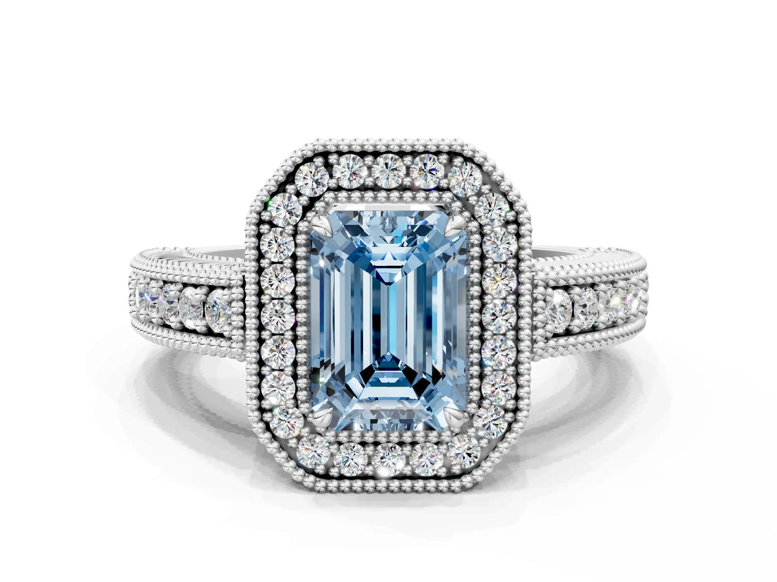 White gold Fancy Blue Emerald  Cut Halo Diamond Ring with Pavé Band and Four-Prong Setting_68