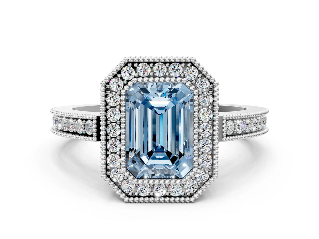 White gold Fancy Blue Emerald  Cut Halo Diamond Ring with Pavé Band and Milgrain Prong Setting_32