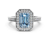 White gold Fancy Blue Emerald  Cut Halo Diamond Ring with Pavé Band and Milgrain Prong Setting_32