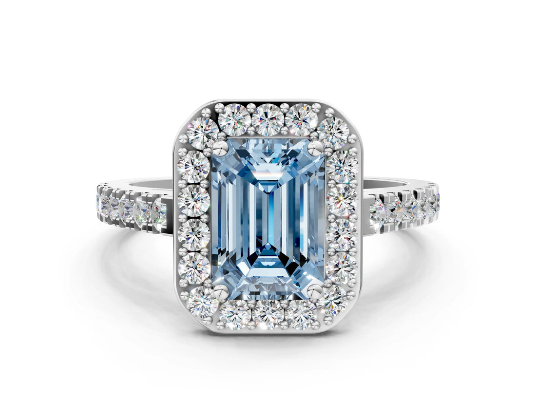 White gold Fancy Blue Emerald Cut Halo Diamond Ring with Pavé Band and Three-Prong Setting_12