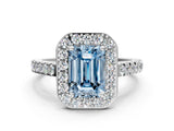 White gold Fancy Blue Emerald Cut Halo Diamond Ring with Pavé Band and Three-Prong Setting_12