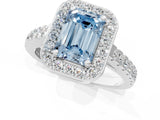 White gold Fancy Blue Emerald Cut Halo Diamond Ring with Pavé Band and Three-Prong Setting_13