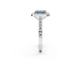 White gold Fancy Blue Emerald Cut Halo Diamond Ring with Pavé Band and Three-Prong Setting_14