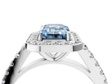 White gold Fancy Blue Emerald Cut Halo Diamond Ring with Pavé Band and Three-Prong Setting_16