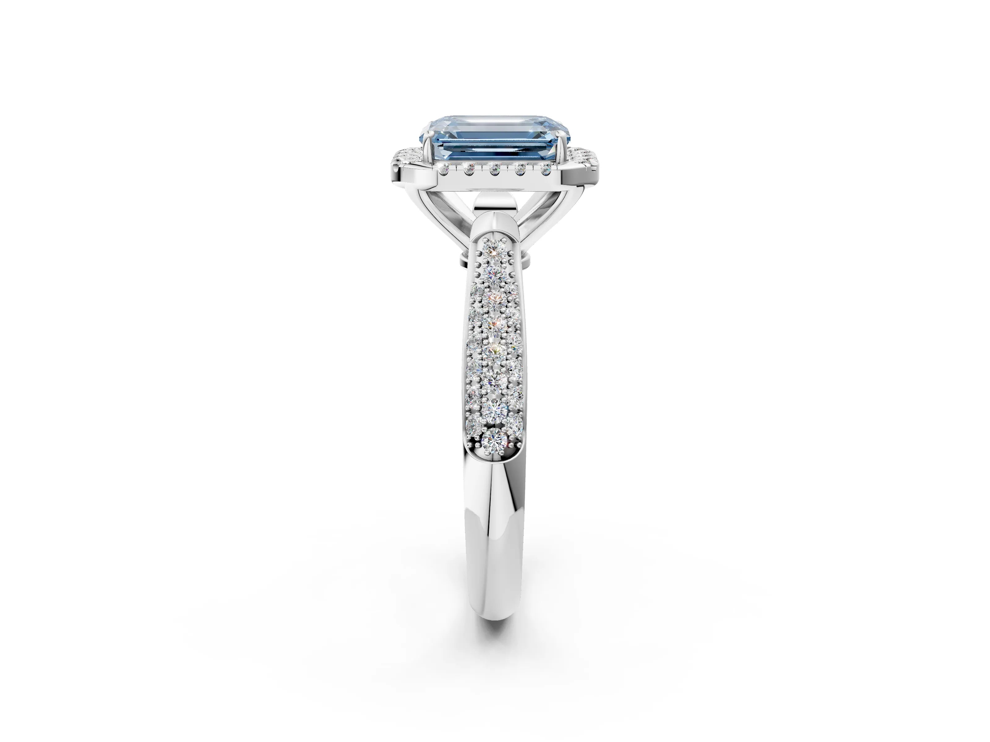 White gold Fancy Blue Emerald Cut Halo Diamond Ring with Pavé Band_14