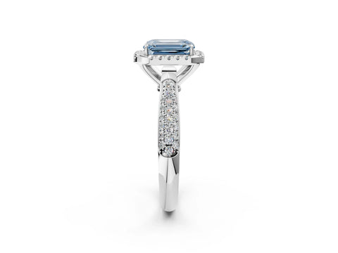 White gold Fancy Blue Emerald Cut Halo Diamond Ring with Pavé Band_14
