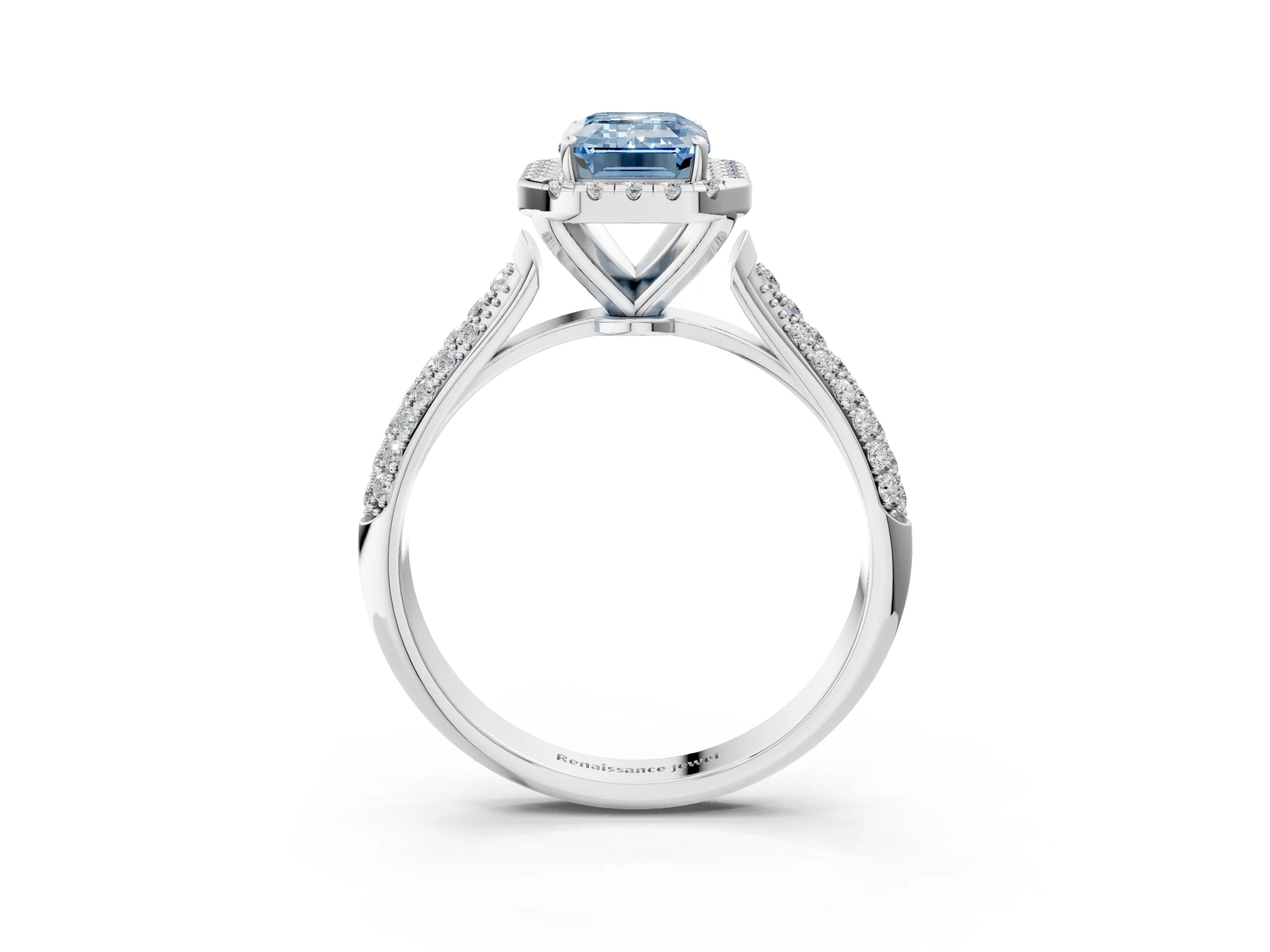 White gold Fancy Blue Emerald Cut Halo Diamond Ring with Pavé Band_15