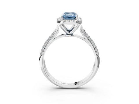 White gold Fancy Blue Emerald Cut Halo Diamond Ring with Pavé Band_15