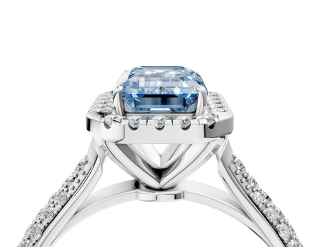 White gold Fancy Blue Emerald Cut Halo Diamond Ring with Pavé Band_16