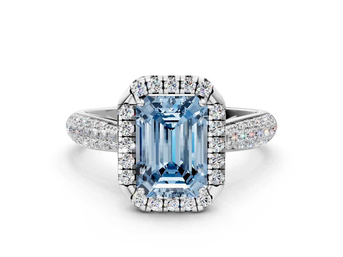 White gold Fancy Blue Emerald Cut Halo Diamond Ring with Pavé Band_18