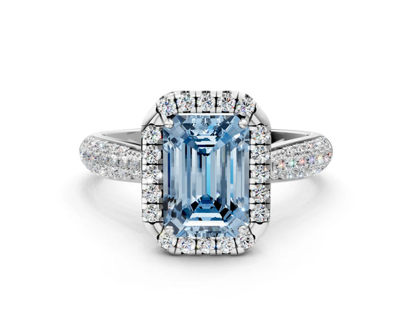 White gold Fancy Blue Emerald Cut Halo Diamond Ring with Pavé Band