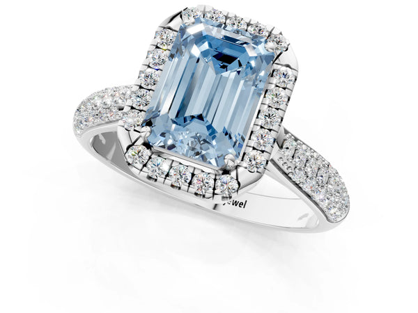 White gold Fancy Blue Emerald Cut Halo Diamond Ring with Pavé Band