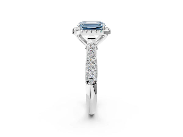 White gold Fancy Blue Emerald Cut Halo Diamond Ring with Pavé Band