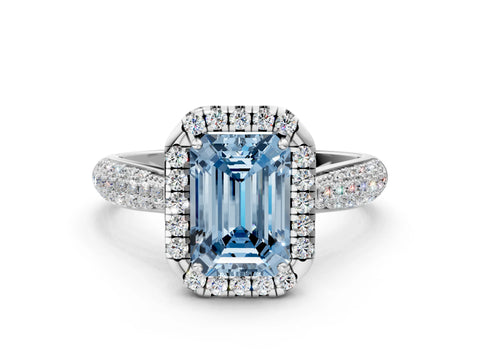 White gold Fancy Blue Emerald Cut Halo Diamond Ring with Pavé Band_20