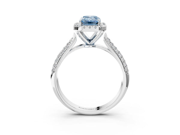 White gold Fancy Blue Emerald Cut Halo Diamond Ring with Pavé Band