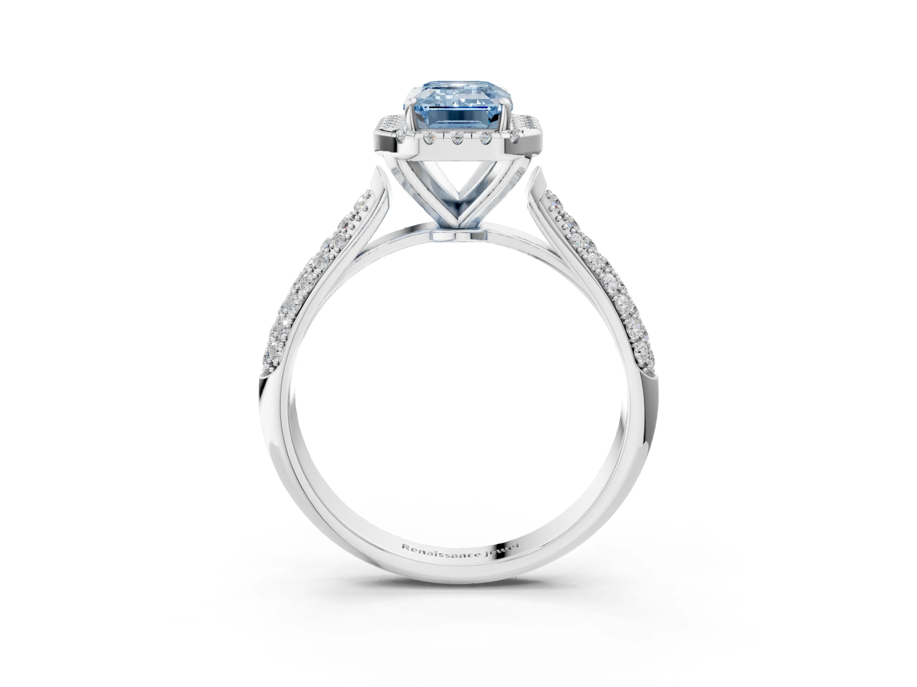 White gold Fancy Blue Emerald Cut Halo Diamond Ring with Pavé Band_23