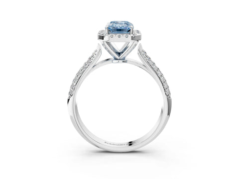White gold Fancy Blue Emerald Cut Halo Diamond Ring with Pavé Band_23