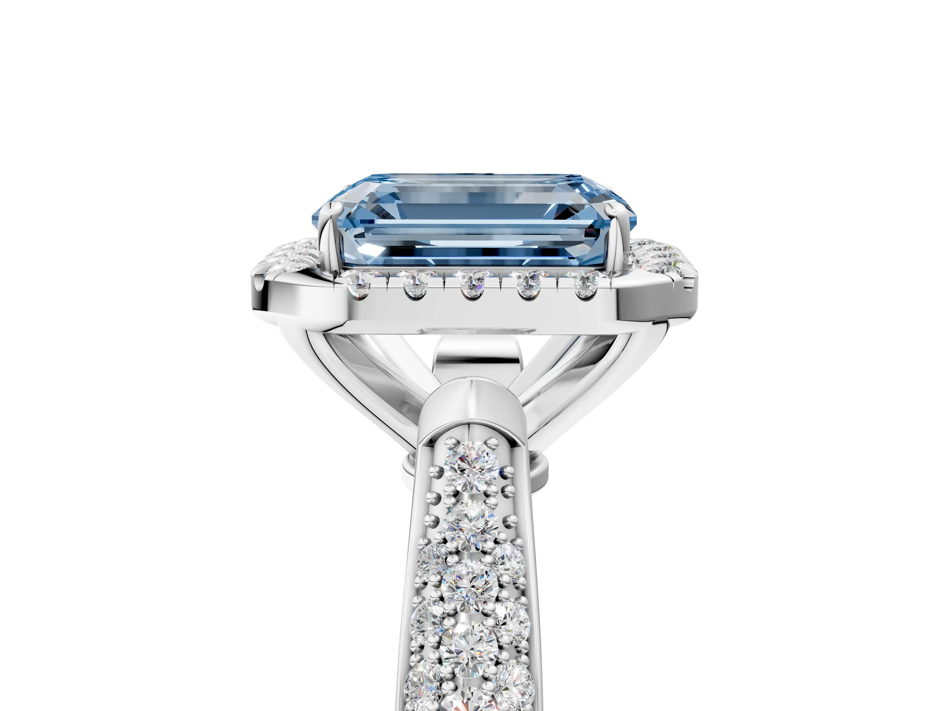 White gold Fancy Blue Emerald Cut Halo Diamond Ring with Pavé Band_25